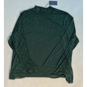 Skies Are Blue 3X NWT Hunter Green Lined Rhinestone Mock Neck Top Flowy